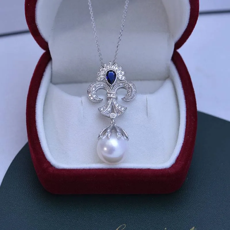 12-13mm Pearl & Vintage CZ Blue Gem Necklace