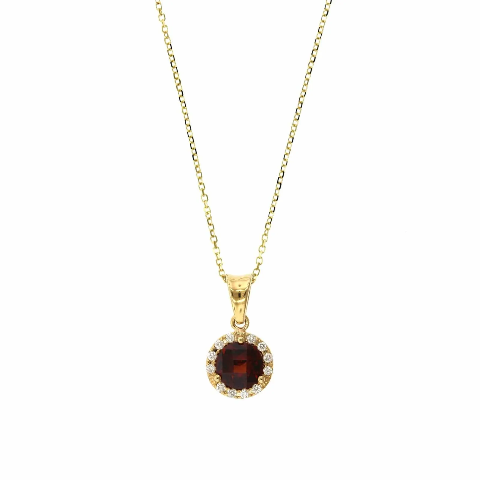 14K Yellow Gold Round Garnet Diamond Halo Necklace