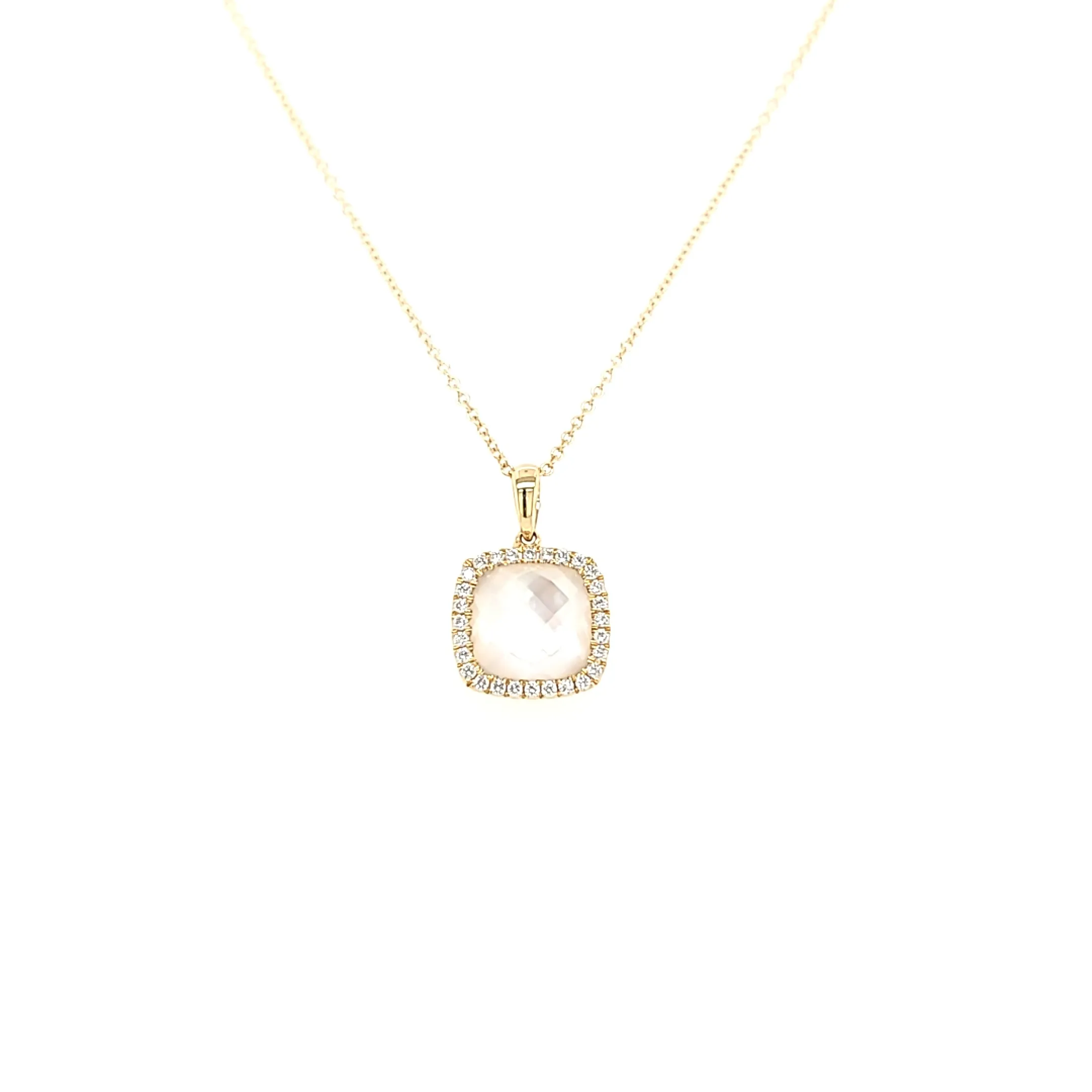 18k Yellow Gold Square Mother of Pearl & Diamond Necklace (I6635)