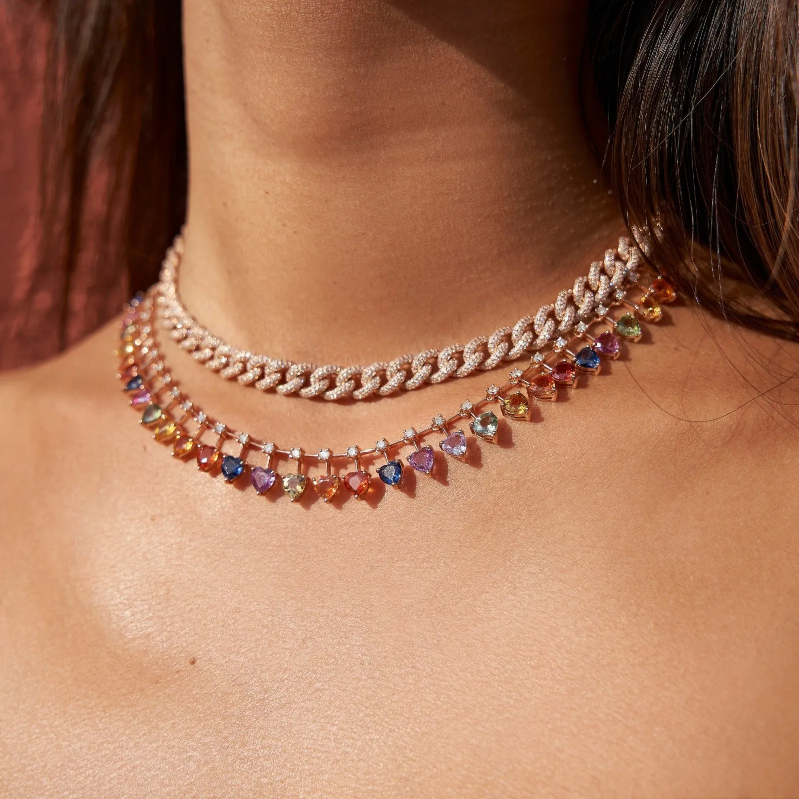 19.03ct Diamond Multi Color Sapphire 18K Gold Floating Heart Necklace