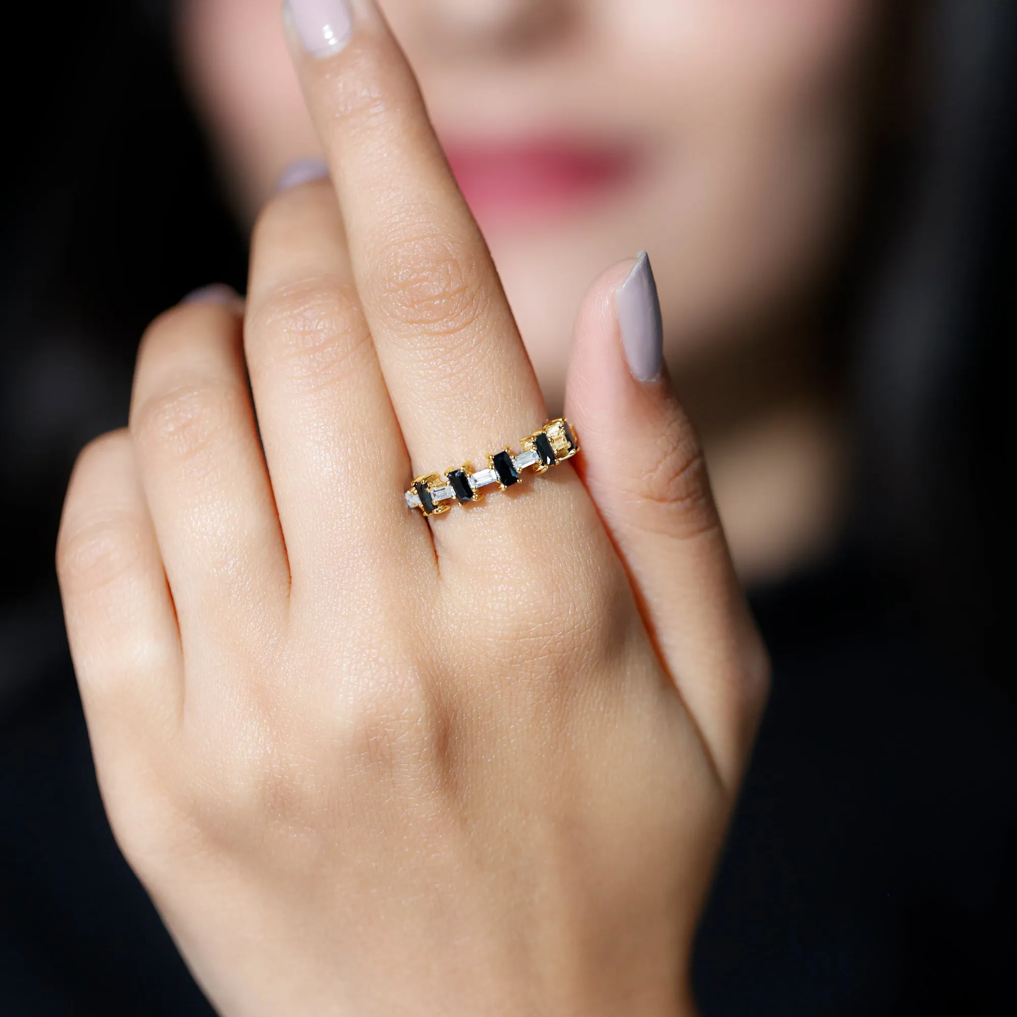 2.75 CT Black Onyx and Moissanite East West Half Eternity Ring