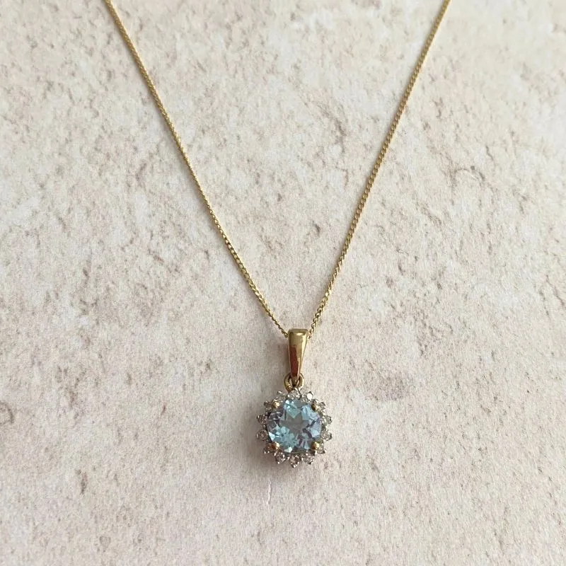 9ct Gold Aqua and Diamond Cluster Pendant