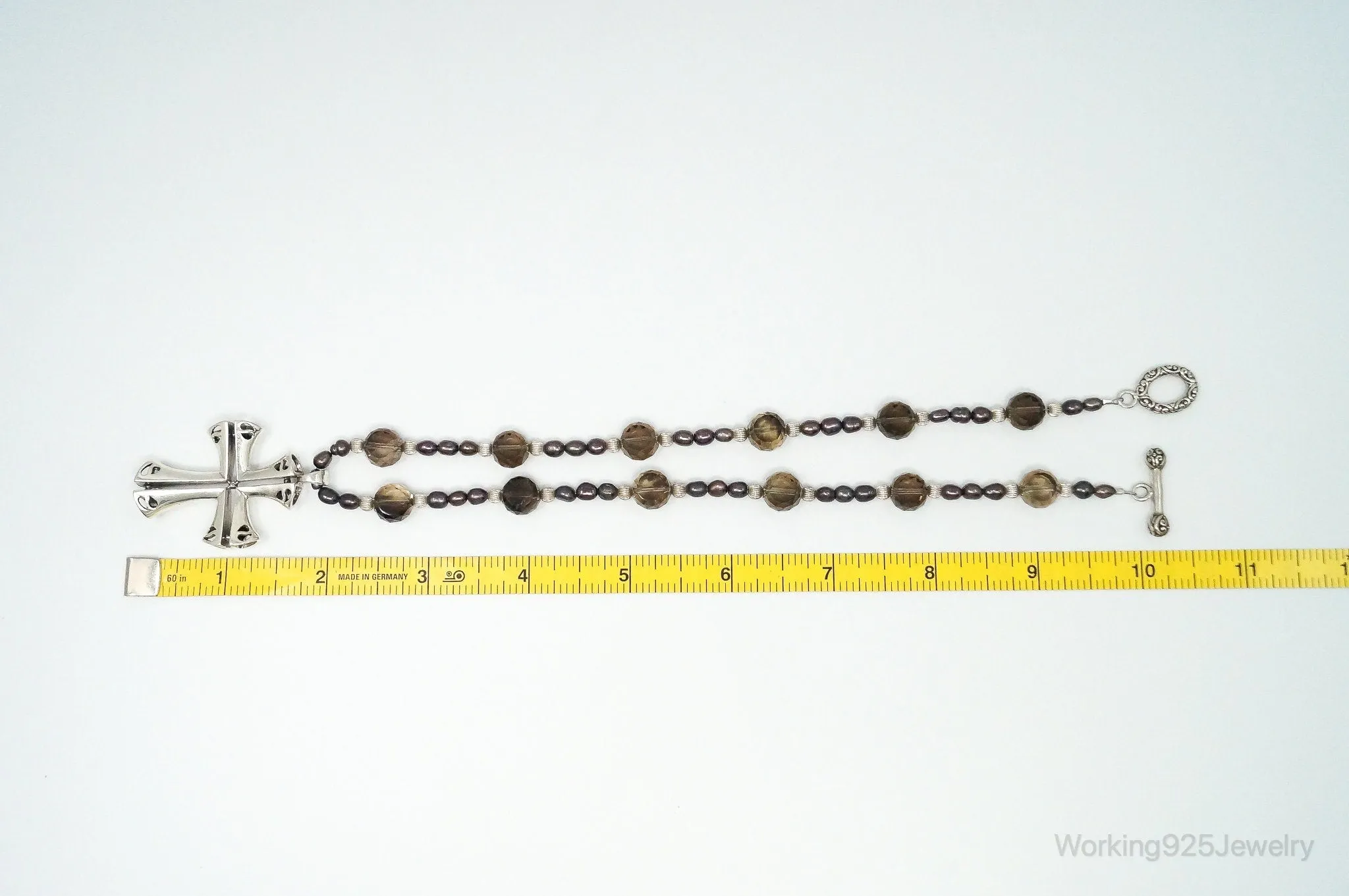 Designer Large Cross Smoky Topaz Pearl Sterling Silver Necklace