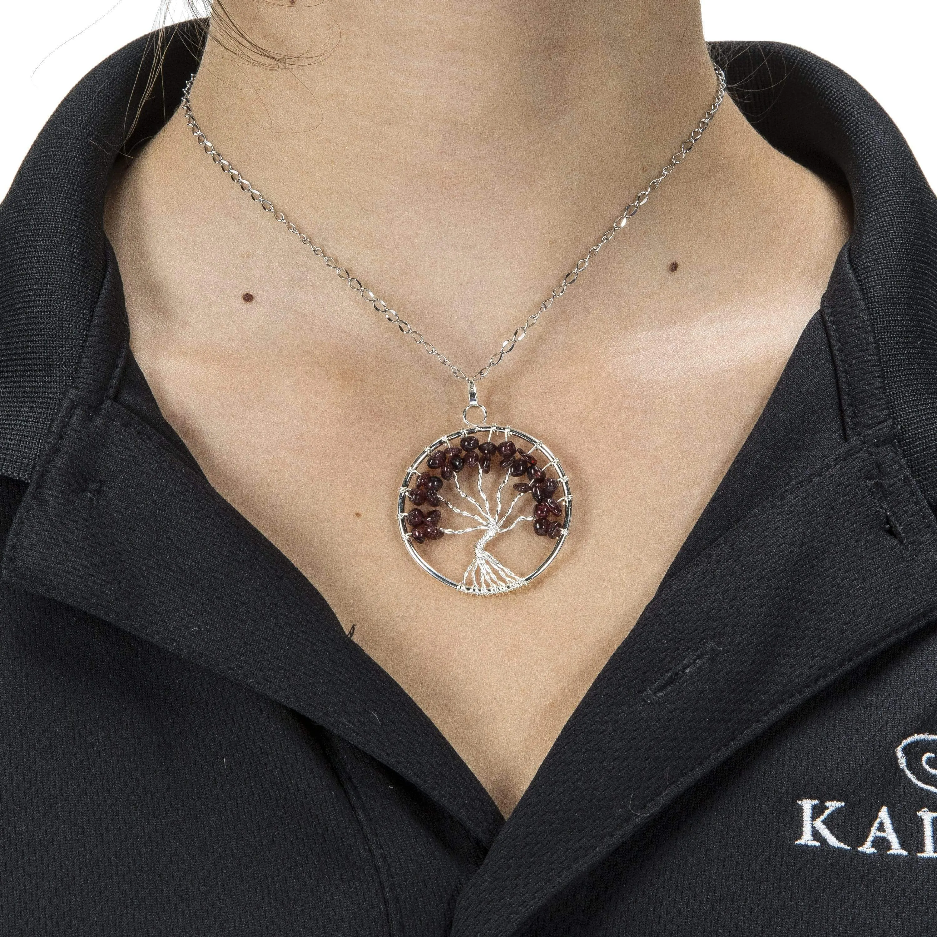 Garnet Chakra Gemstone Tree of Life Necklace & Stainless Steel Chain by