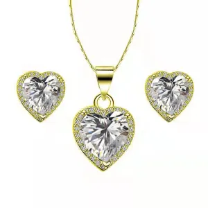 Paris Jewelry 18k Yellow Gold Plated Heart 4 Carat Created White Sapphire Full Set Necklace, Earrings 18 Inch
