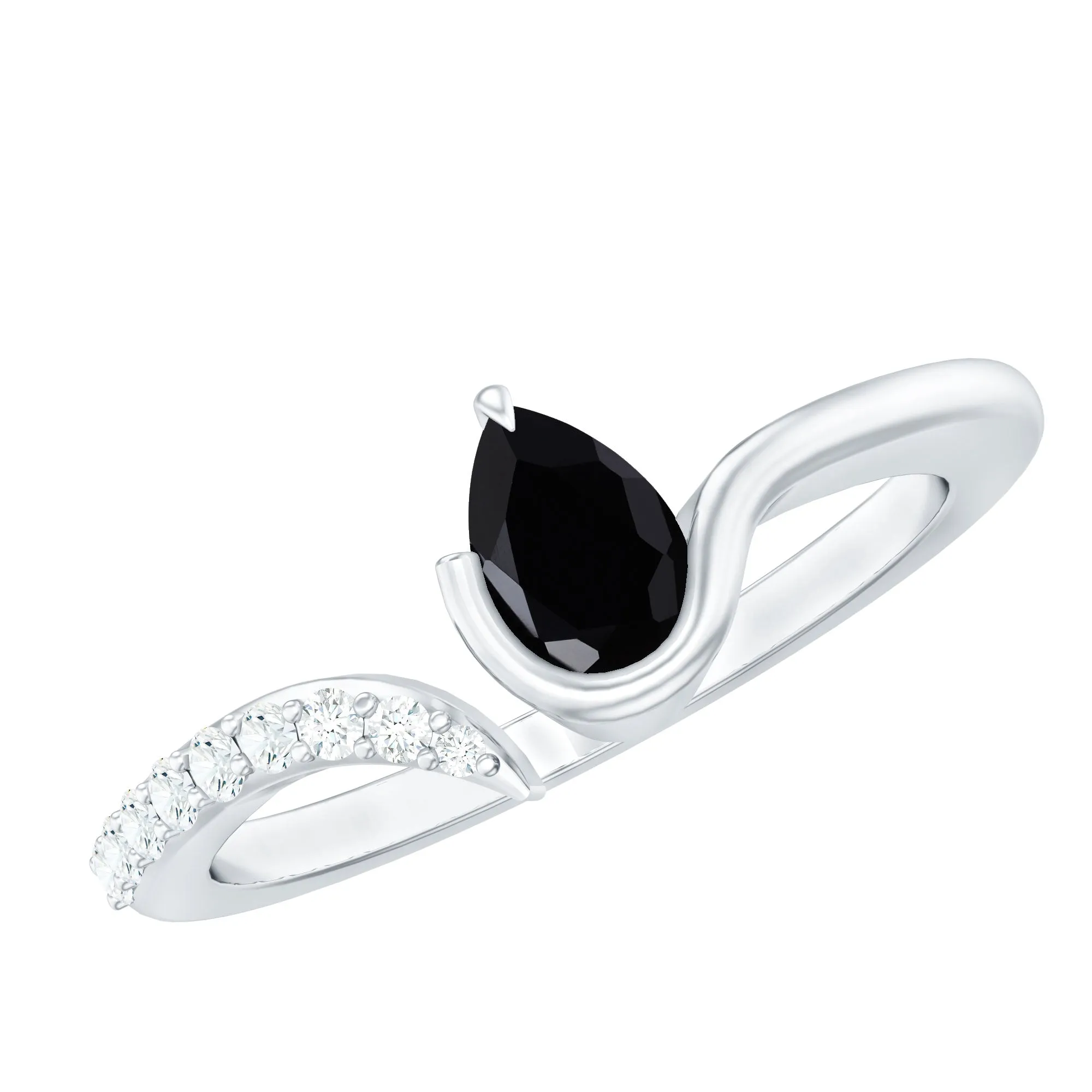 Pear Shape Black Onyx Solitaire Cuff Ring with Diamond