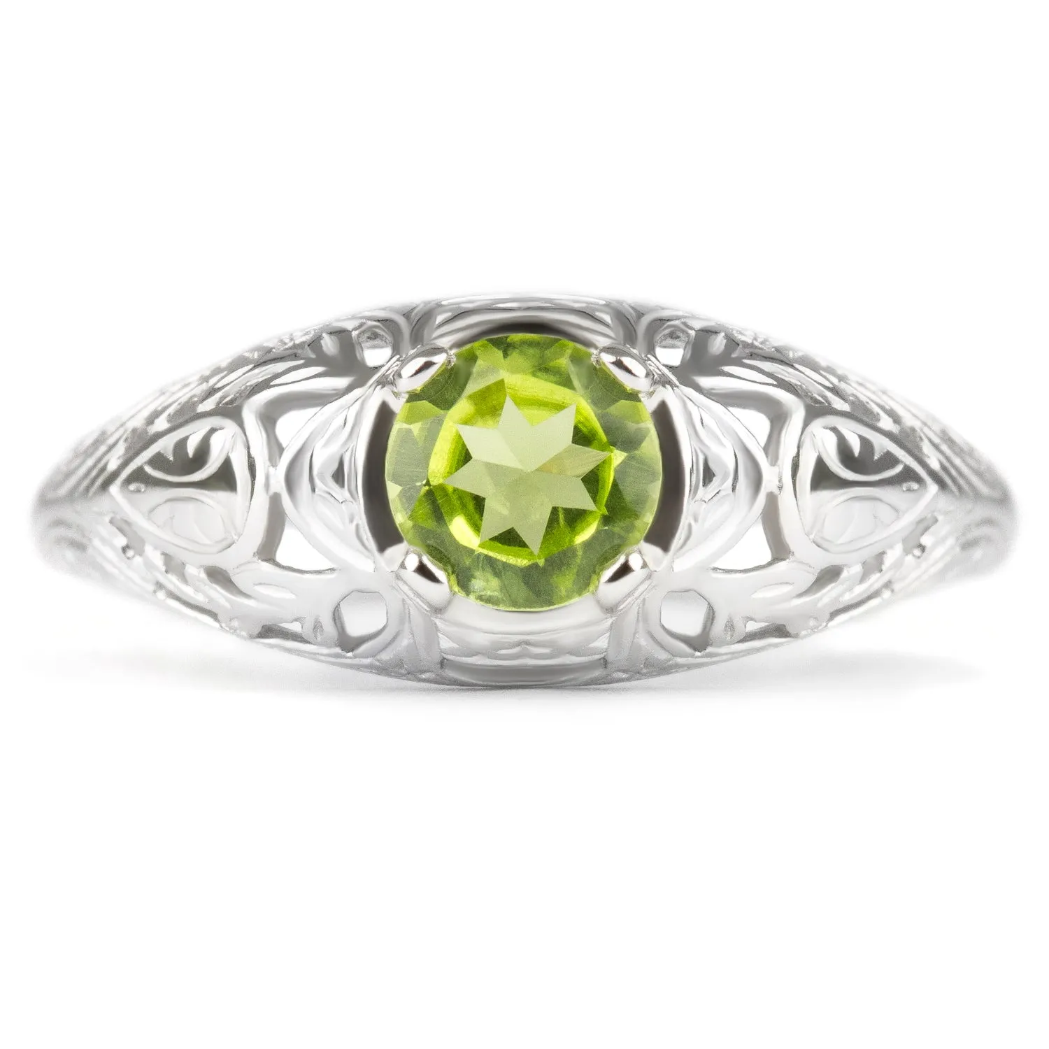 PERIDOT STERLING SILVER VINTAGE STYLE SOLITAIRE RING FLORAL NATURAL GREEN ROUND