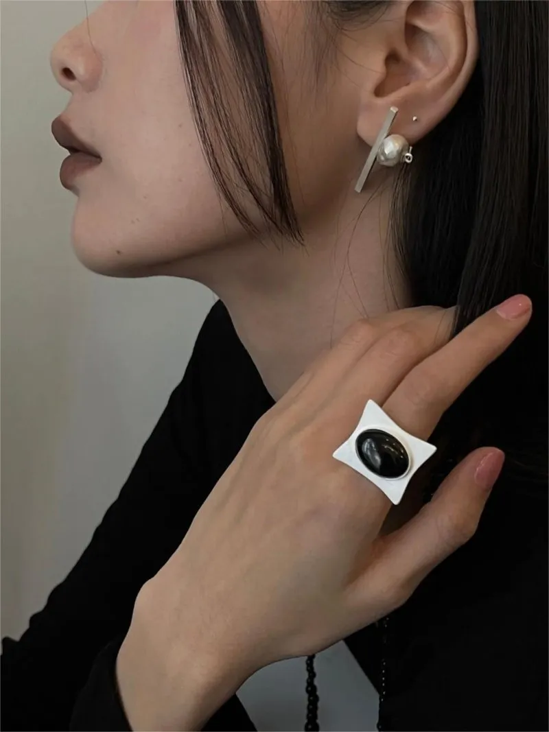 Square-Set Oval Gemstone Statement Open Ring