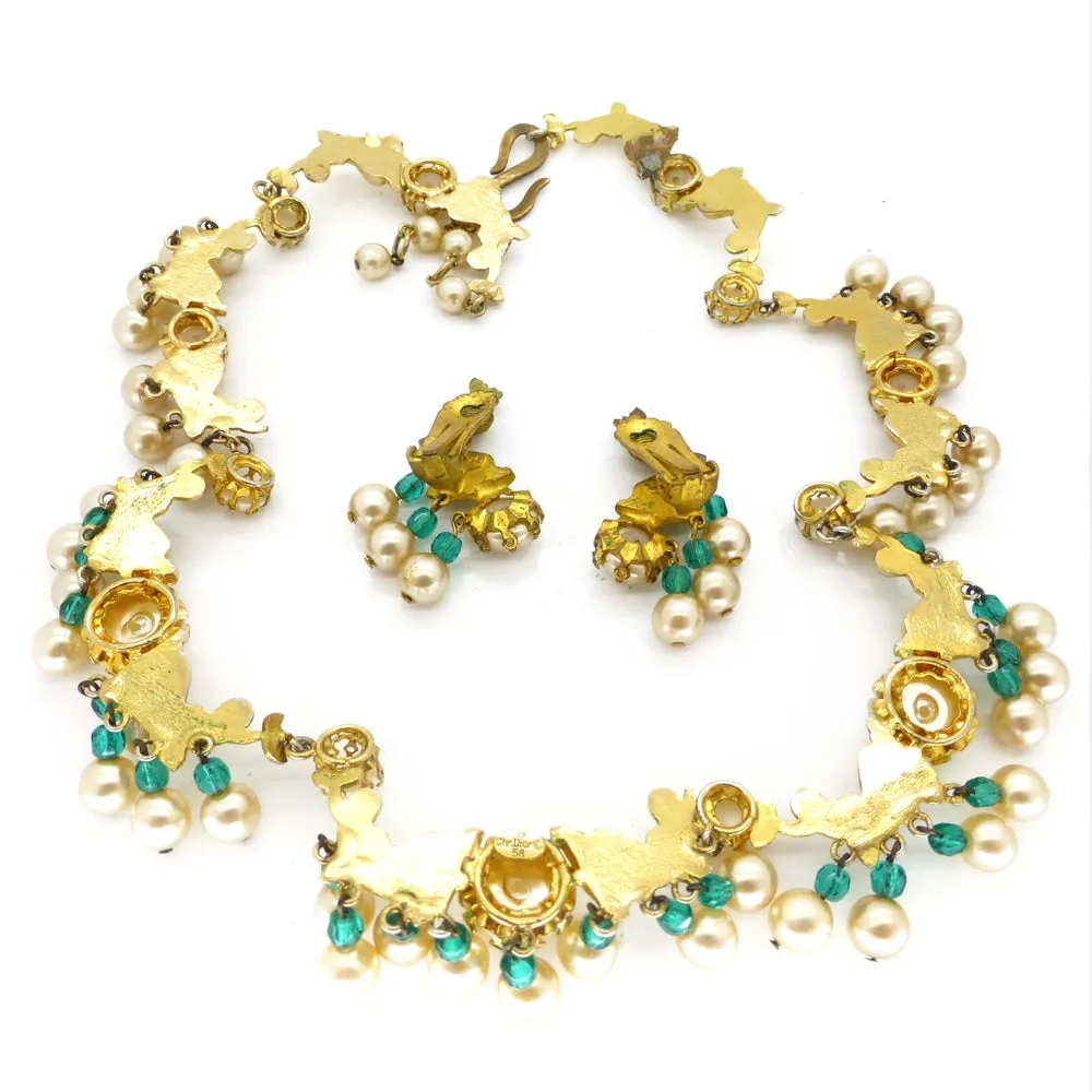 Vintage 1958 Christian Dior Mythical Creatures Gold Fish Pearl Necklace & Earrings Set